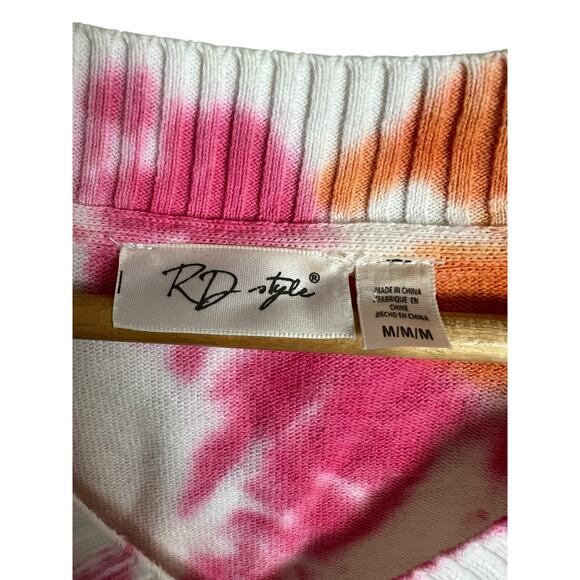 RD Style Women's White Pink Cotton Tie Dye V-Neck Cropped Sweaters Size Medium - Picture 2 of 5